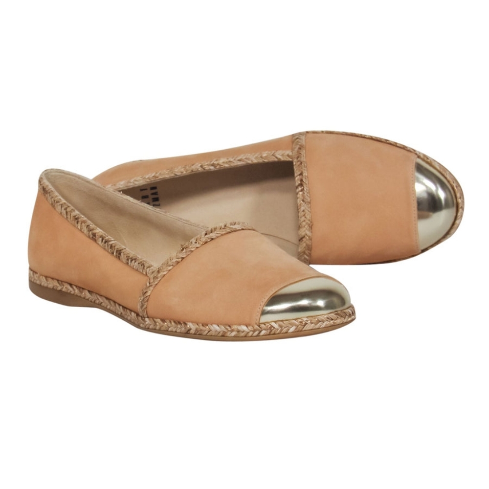 Stuart Weitzman Tan Suede Espadrille Flats W/ Wicker Trim & Gold Toe size 7